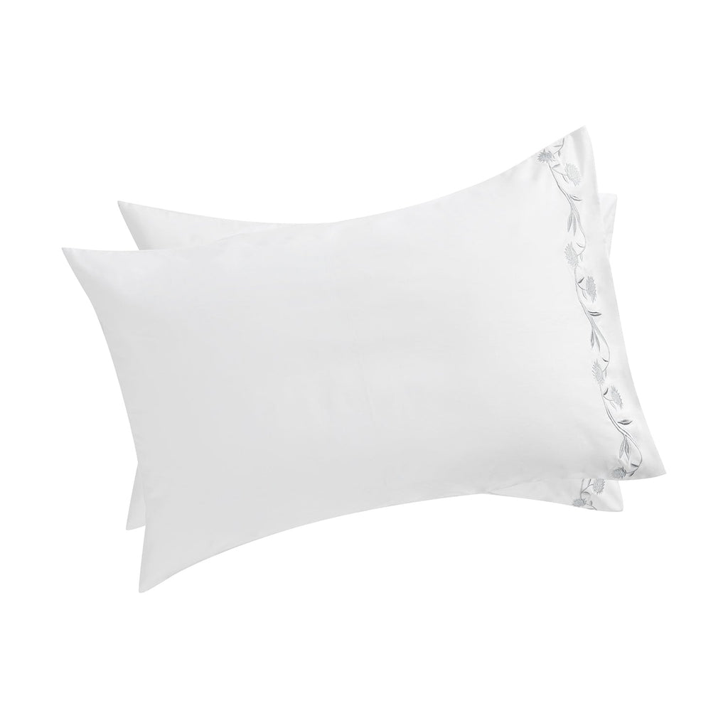 Adeline Moonshine Grey Floral Embroidered 600 Thread Count Cotton Sateen Regular Pillowcases - Pair