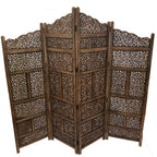 Benzara Hand Carved Foldable 4 Panel Wooden Partition Screen/RoomDivider,Brown