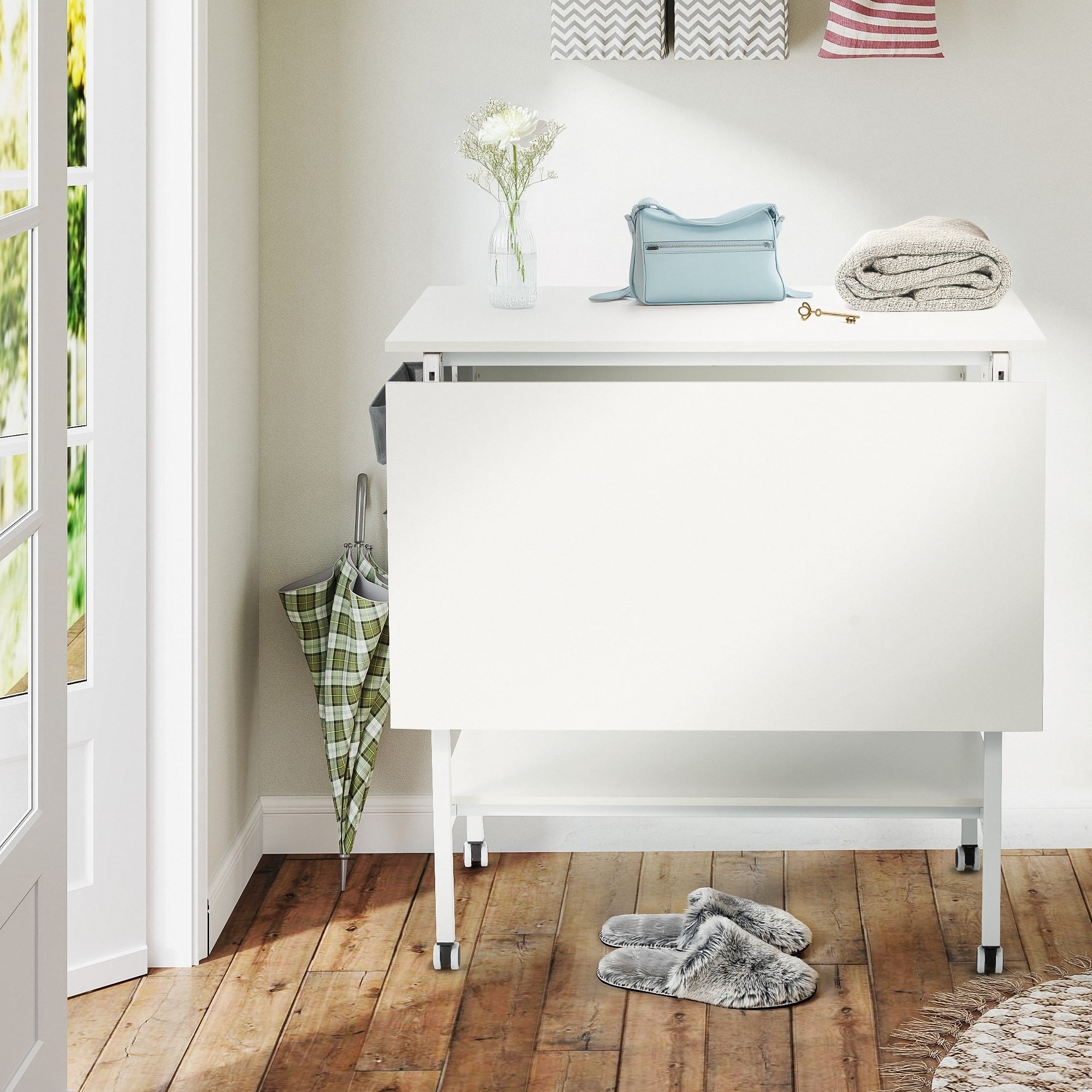 Height Adjustable Craft Table with Storage Shelves, Mobile Folding Cutting Table for Home Office Sewing Room Craft Room