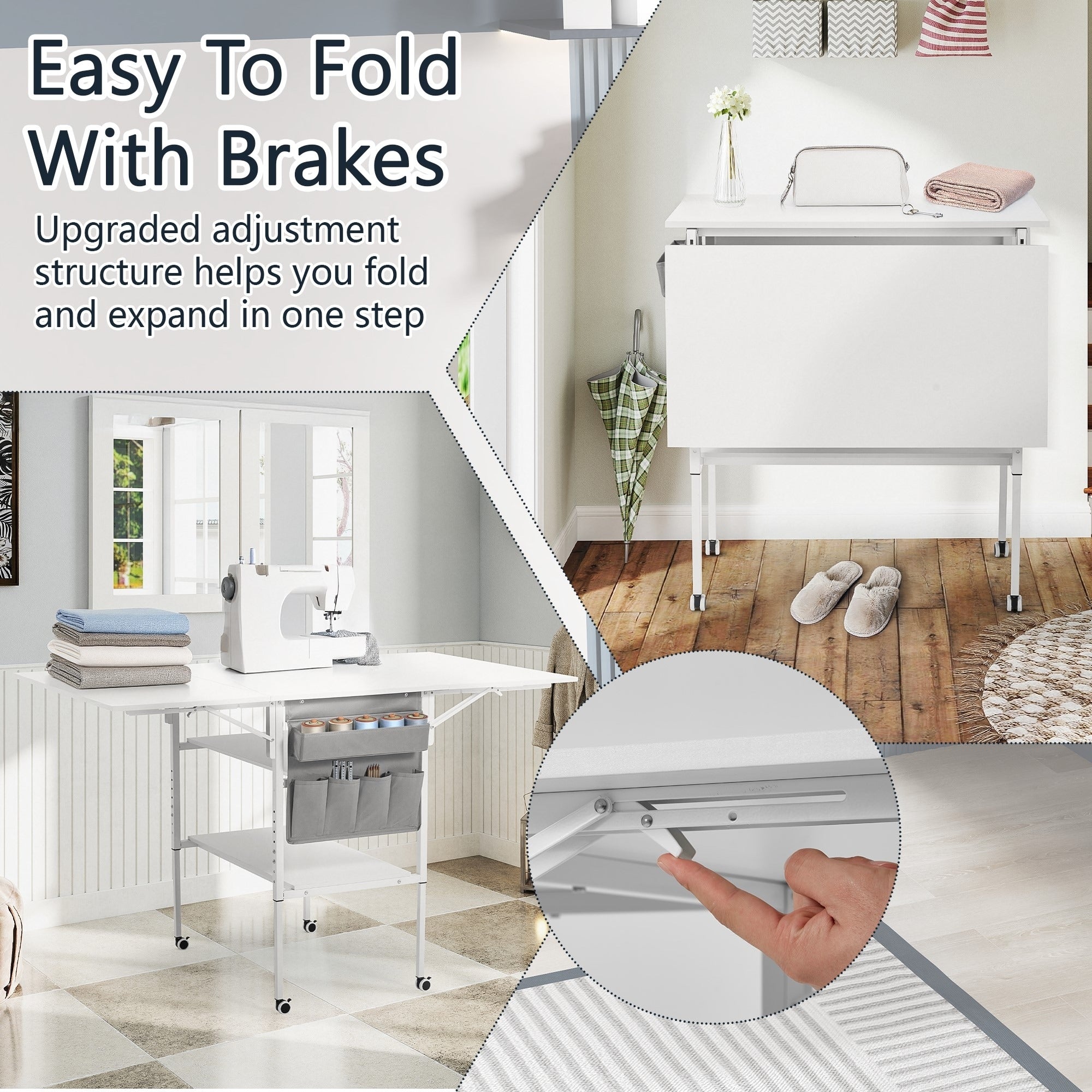 Height Adjustable Craft Table with Storage Shelves, Mobile Folding Cutting Table for Home Office Sewing Room Craft Room