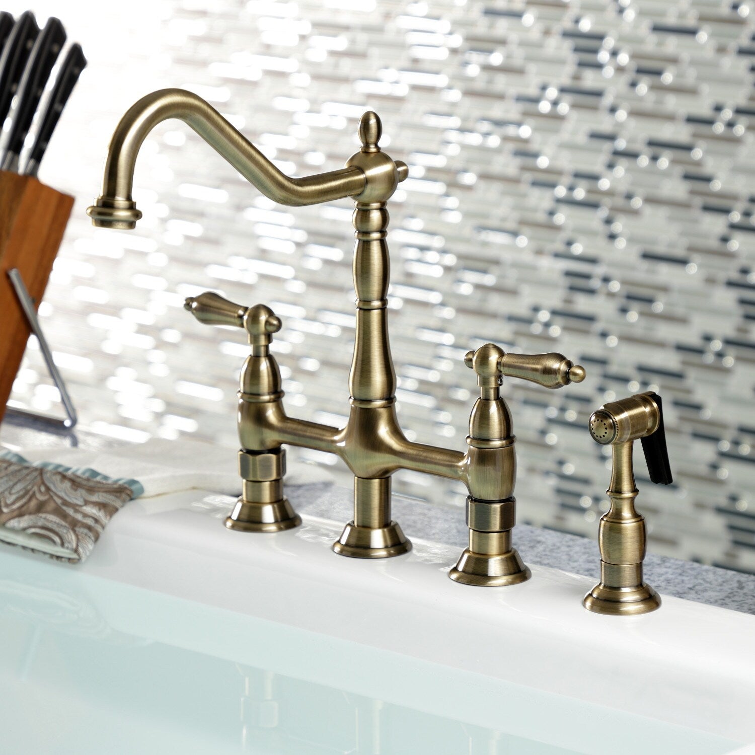 Heritage Bridge Kitchen Faucet with Brass Sprayer