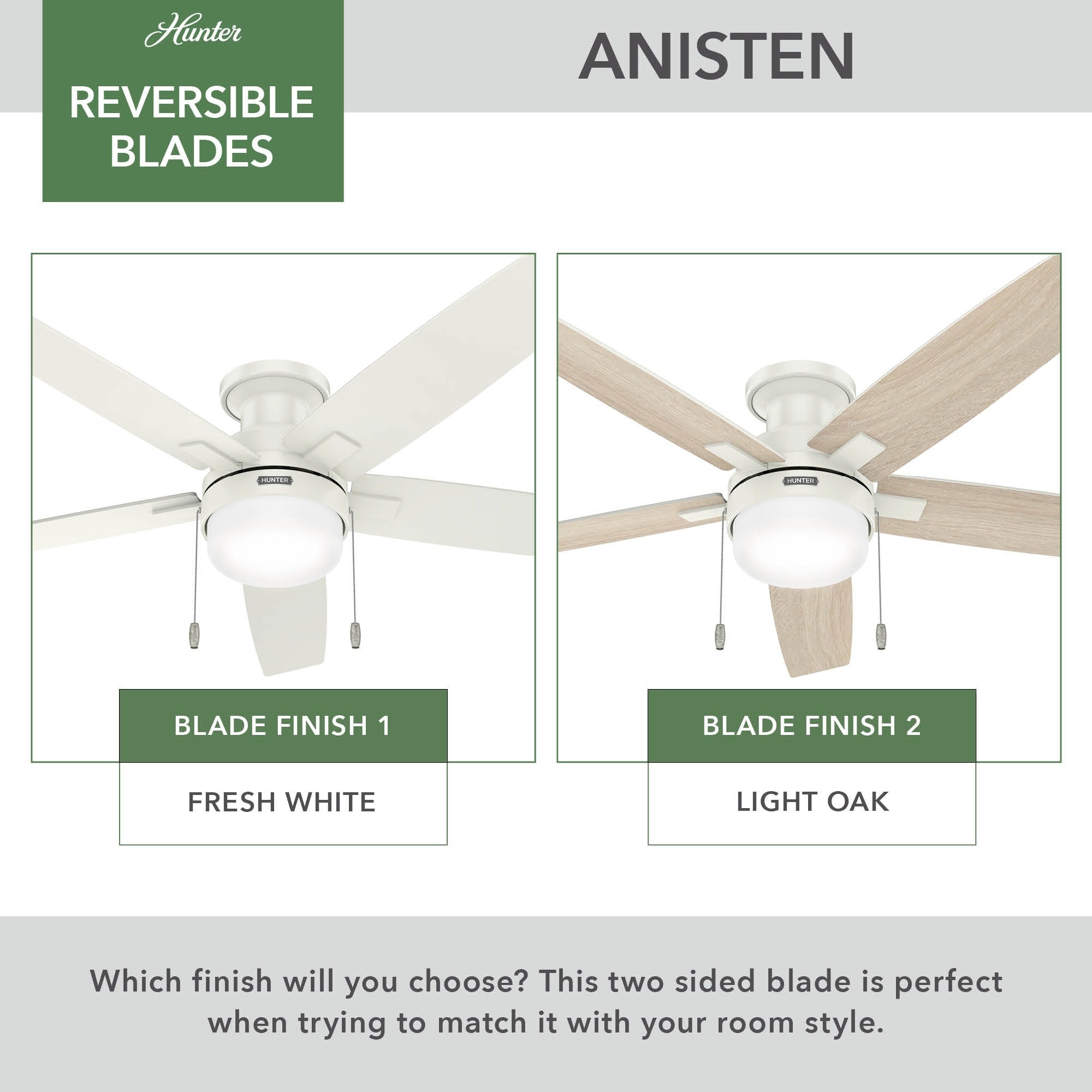Hunter 52 Anisten Low Profile Ceiling Fan with LED Light and Pull Chain - Modern, Contemporary, Transitional