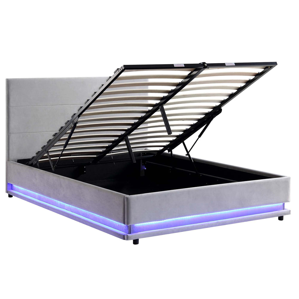Buxton End Opening Ottoman Storage Bed Frame with Multi-colour LED Light Strip (Light Grey Velvet)
