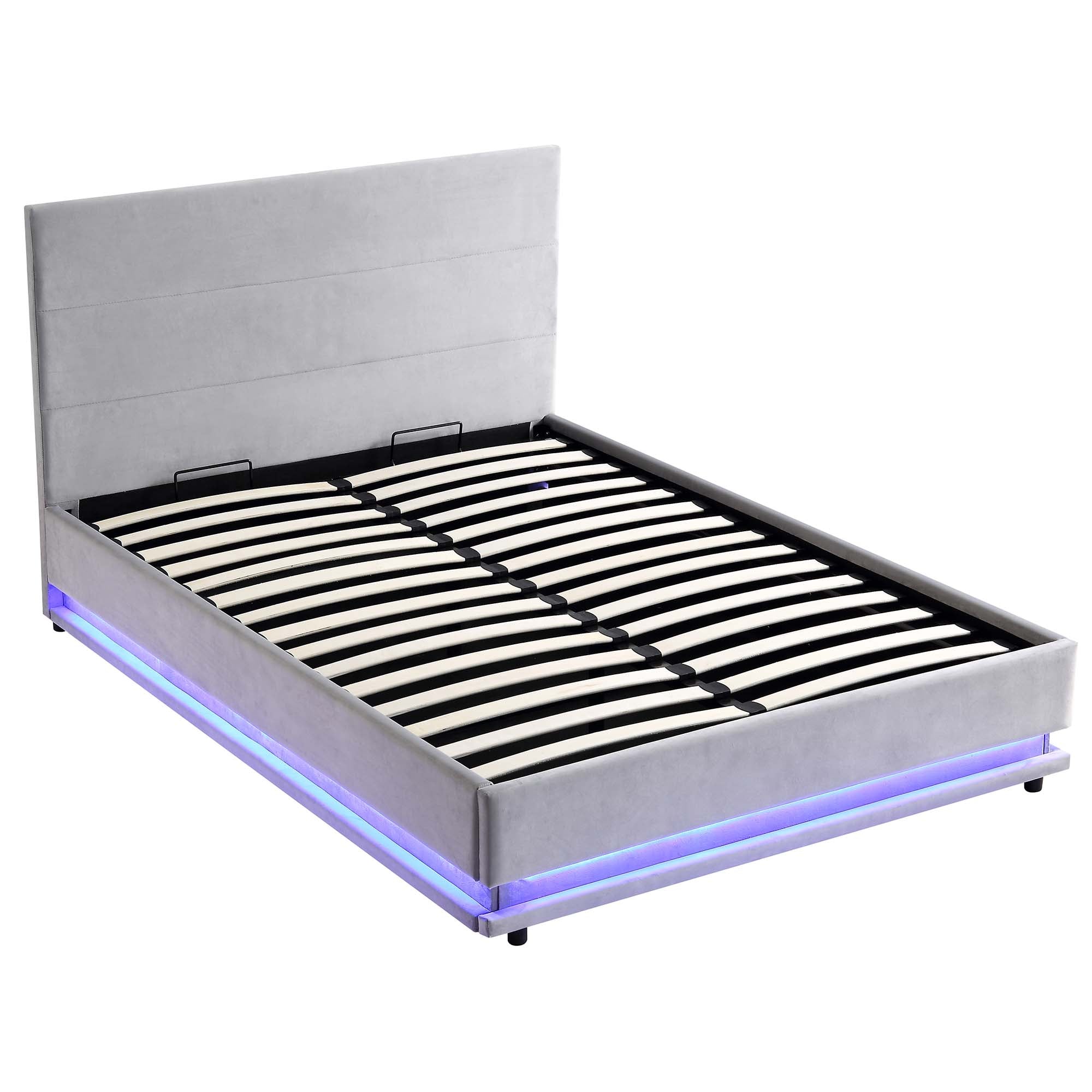 Buxton End Opening Ottoman Storage Bed Frame with Multi-colour LED Light Strip (Light Grey Velvet)