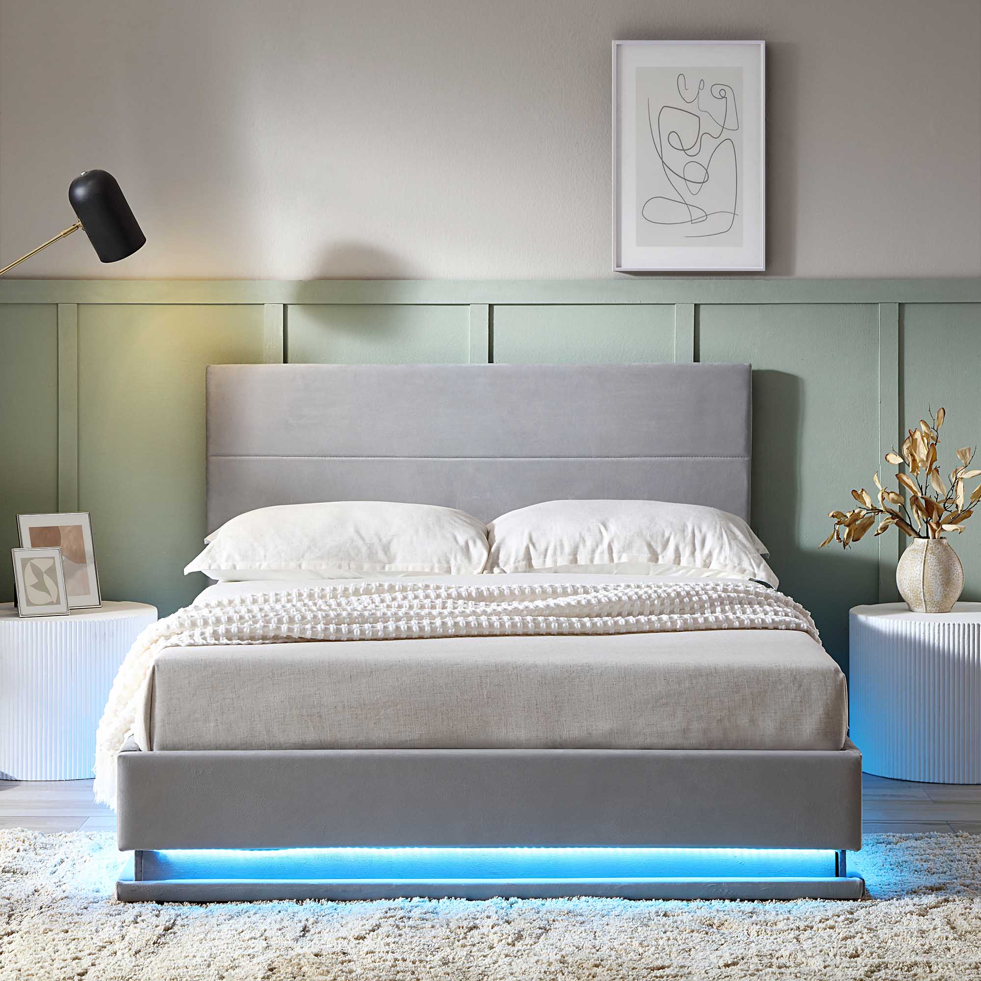 Buxton End Opening Ottoman Storage Bed Frame with Multi-colour LED Light Strip (Light Grey Velvet)