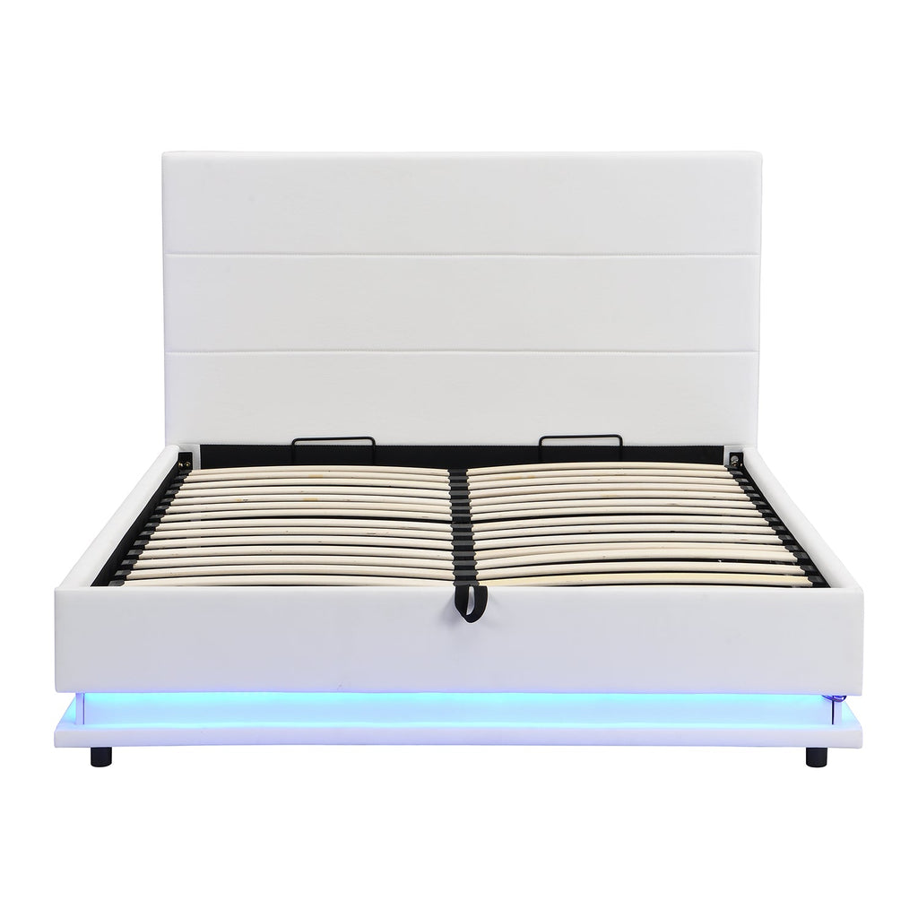 Buxton Faux Leather End Opening Ottoman Storage Bed Frame with Muti-colour LED Light Strip (White PU)