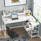 L Shaped Desk with Drawer, Home Office Corner Desk with Storage Shelves and Monitor Stand, Rustic PC Desk for Small Space