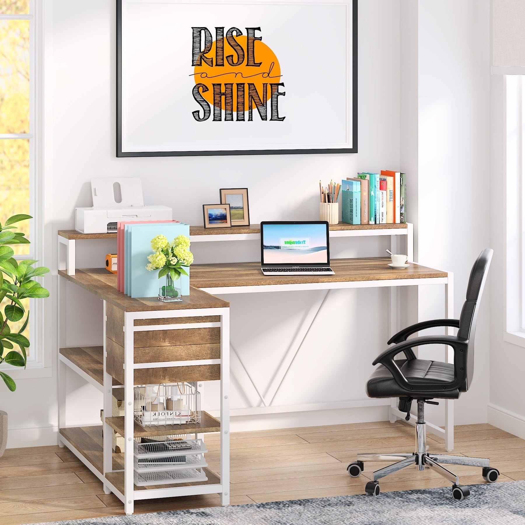 L Shaped Desk with Drawer, Home Office Corner Desk with Storage Shelves and Monitor Stand, Rustic PC Desk for Small Space