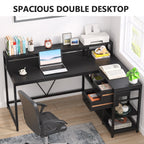 L Shaped Desk with Drawer, Home Office Corner Desk with Storage Shelves and Monitor Stand, Rustic PC Desk for Small Space