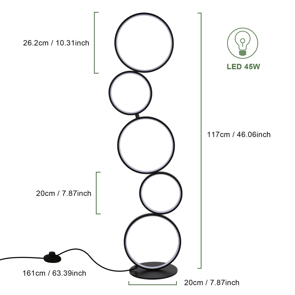 LED Modern Dimmable Floor Lamp, 3 Way Bright Corner Stand lamp with 5-Ring for Living Room