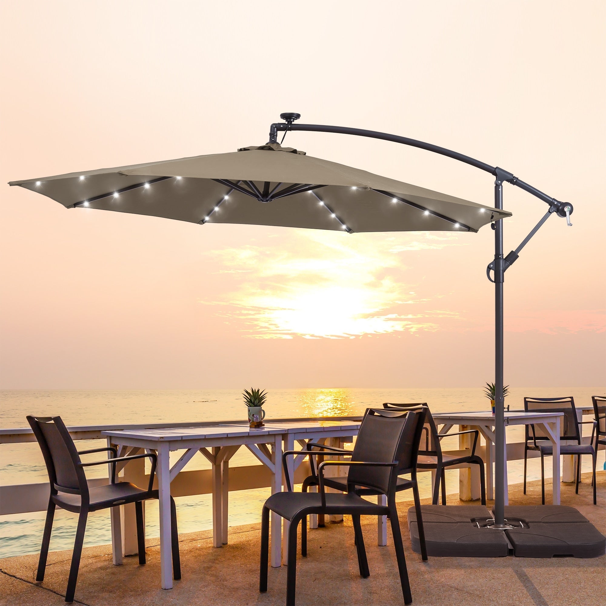 LIVOOSUN 10ft LED Patio Offset Umbrella With Cross Base