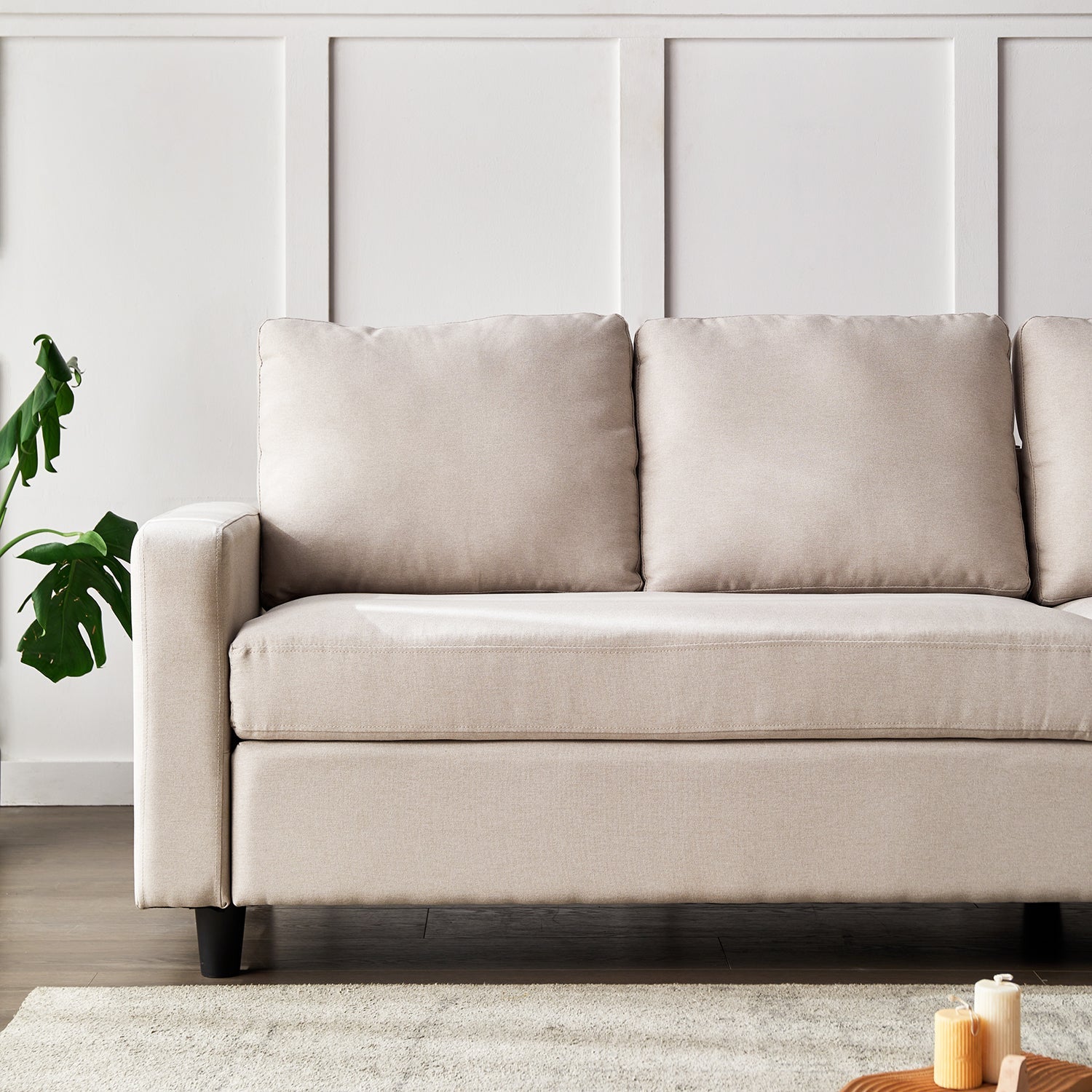 Campbell 3 Seater Sofa with Reversible Chaise in Beige Woven Fabric