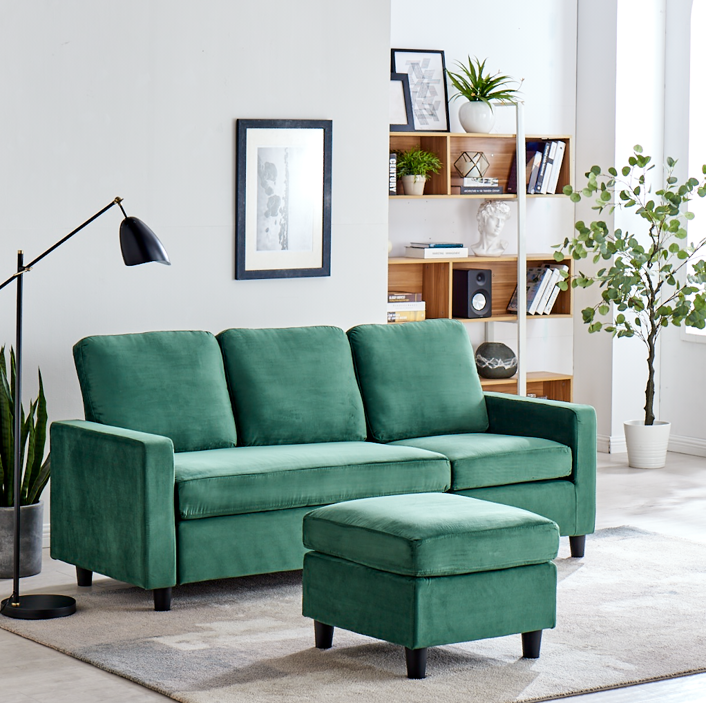 Campbell 3 Seater Sofa with Reversible Chaise in Green Velvet