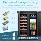 Lanbo 24 Inch Dual Zone 18 Bottle Wine and 55 Can Beverage Cooler, Stainless Steel and Glass with French Door