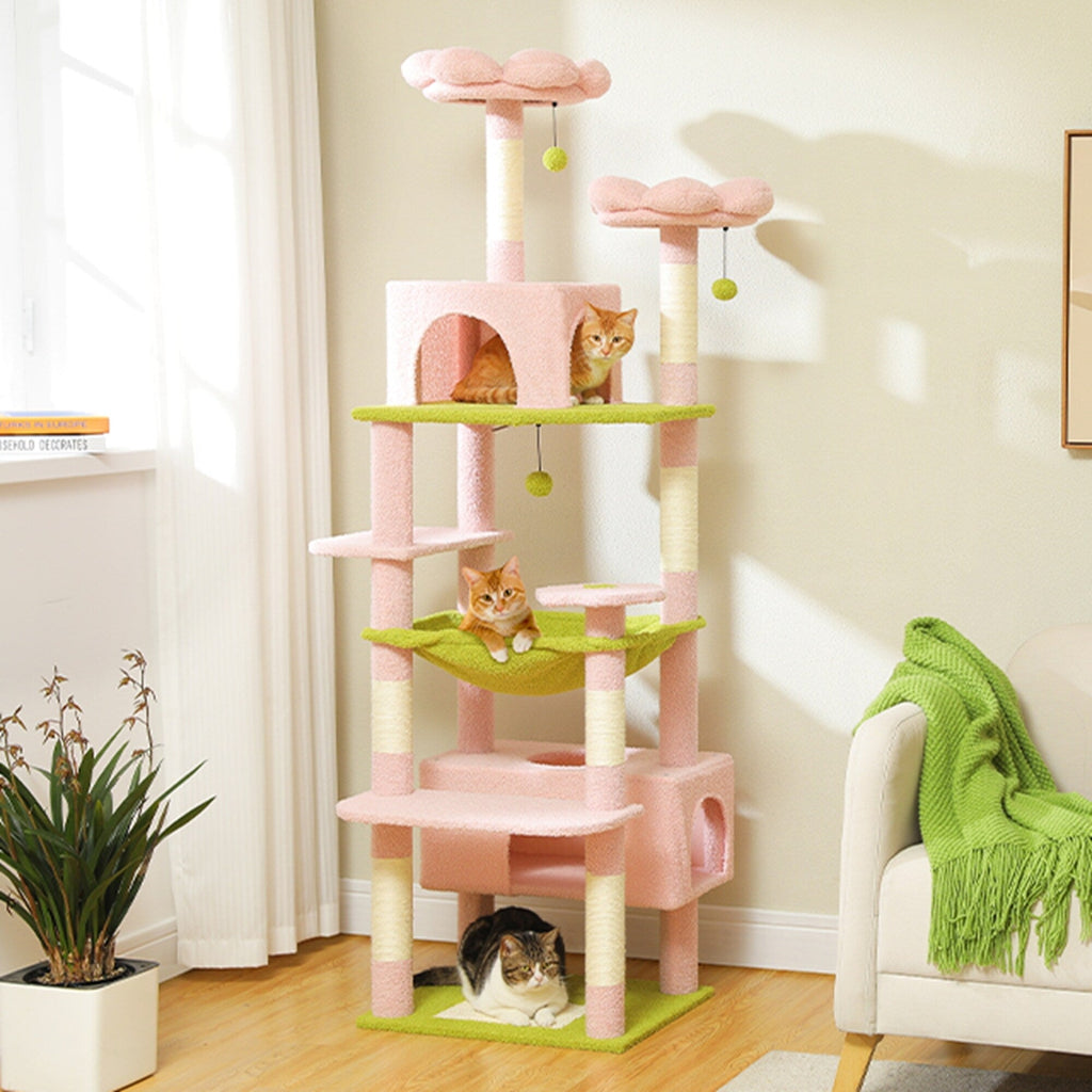 Large Cat Tower Cat Condo with Scratching Posts and Pads, 2 Padded Perch, Dual Condo and Basket