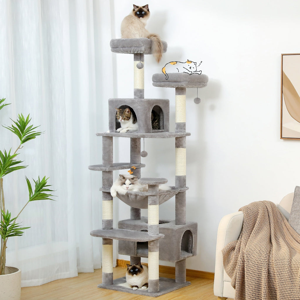 Large Cat Tower Cat Condo with Scratching Posts and Pads, 2 Padded Perch, Dual Condo and Basket