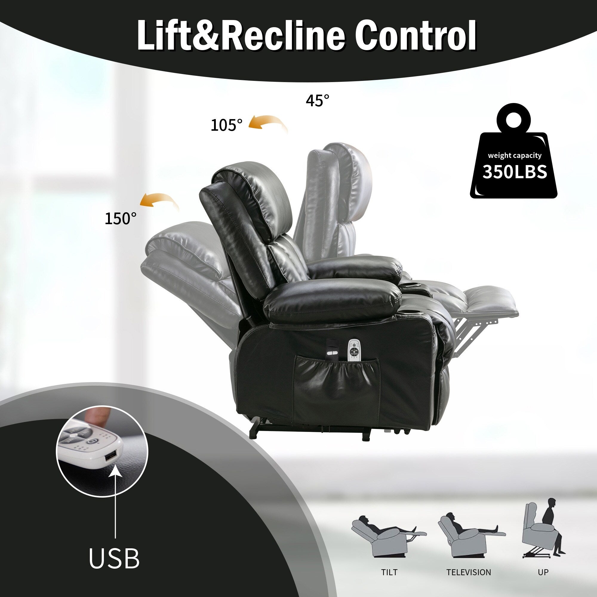 Large Power Lift Recliner Chair with Heat and 8-Point Massage - Remote Control, USB Port