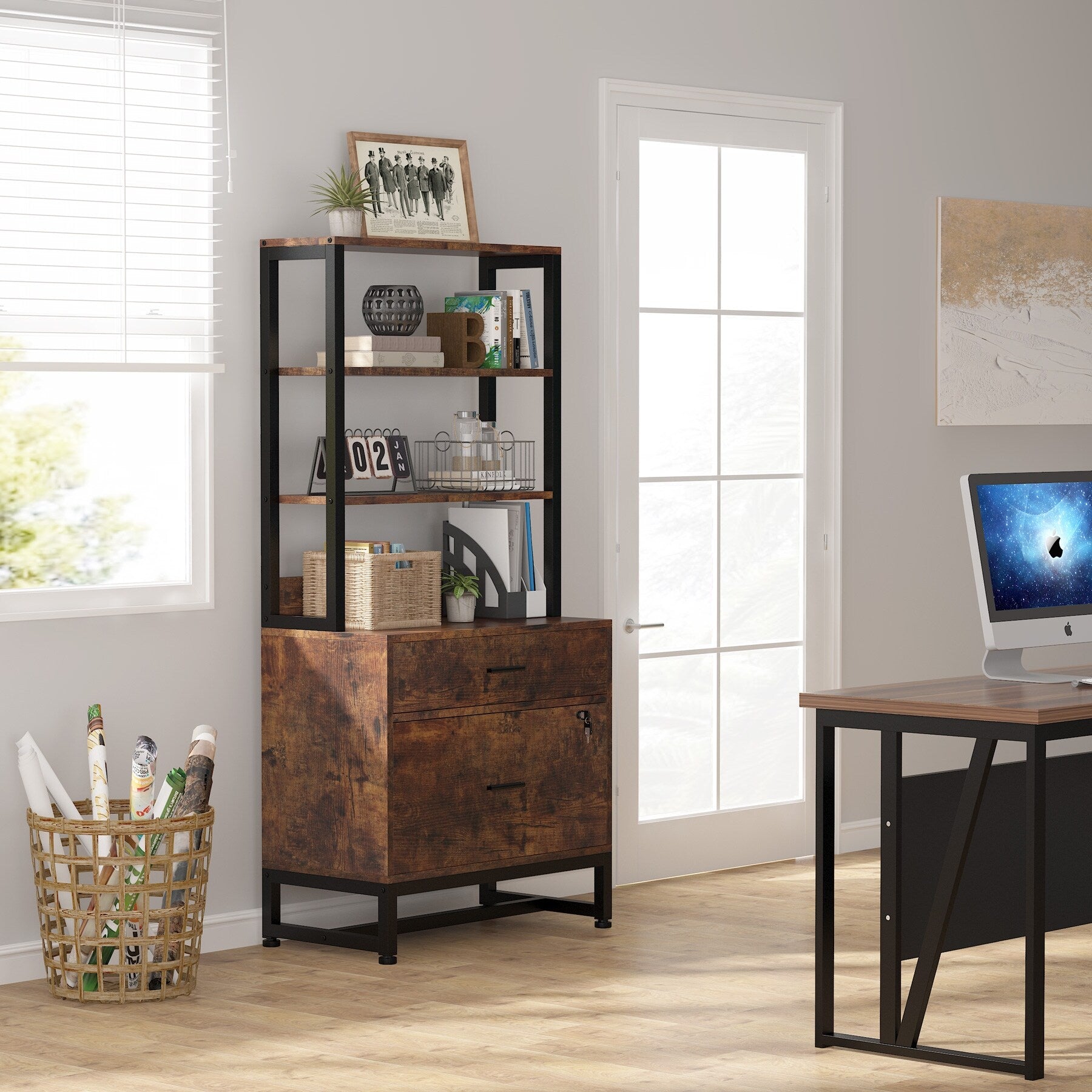 File Cabinet with 2 Drawer, Modern Filing Cabinet Printer Stand with Lock