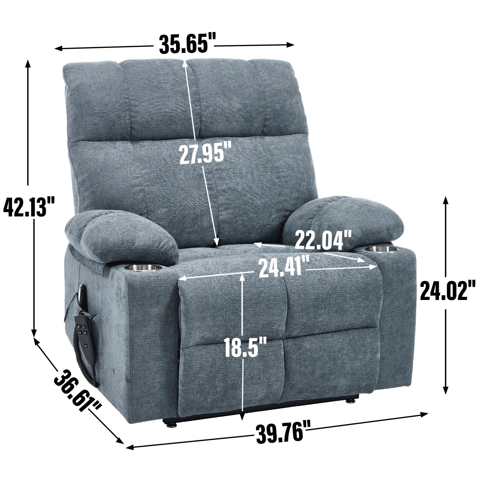 Lazy Boy Dual Motor Chenille Power Lift Recliner w/Massage and Lumbar Heating, Dual Cup Holders, Grey-Blue