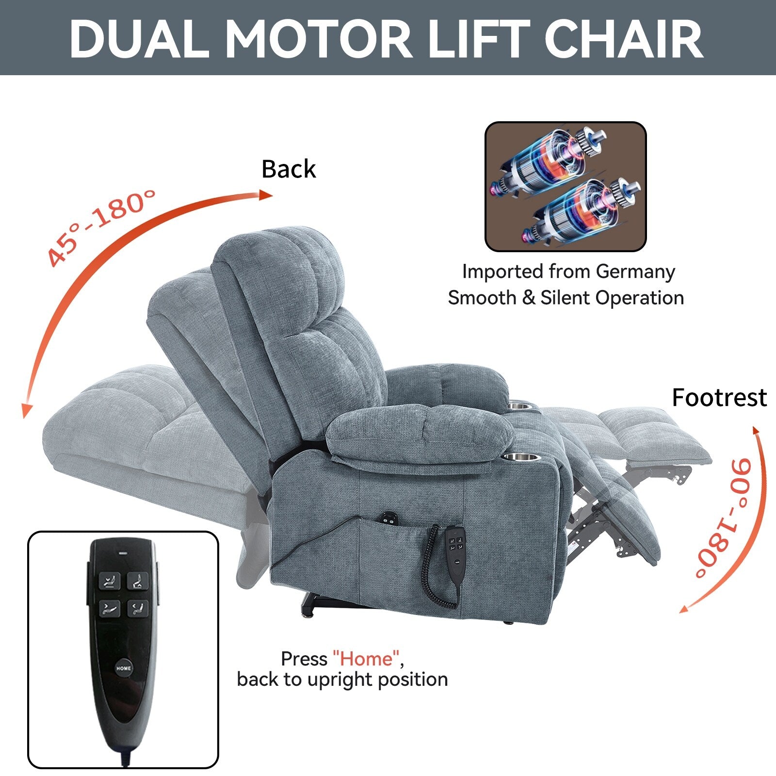 Lazy Boy Dual Motor Chenille Power Lift Recliner w/Massage and Lumbar Heating, Dual Cup Holders, Grey-Blue