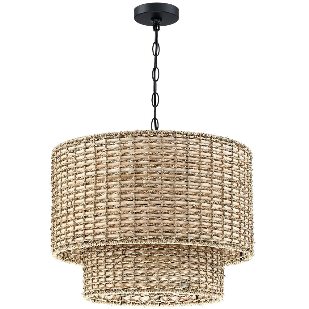 Lennie 20 in. 4-Light Rattan Tiered Drum Chandelier Light with Black Canopy - 20 in. W - 20 in. W