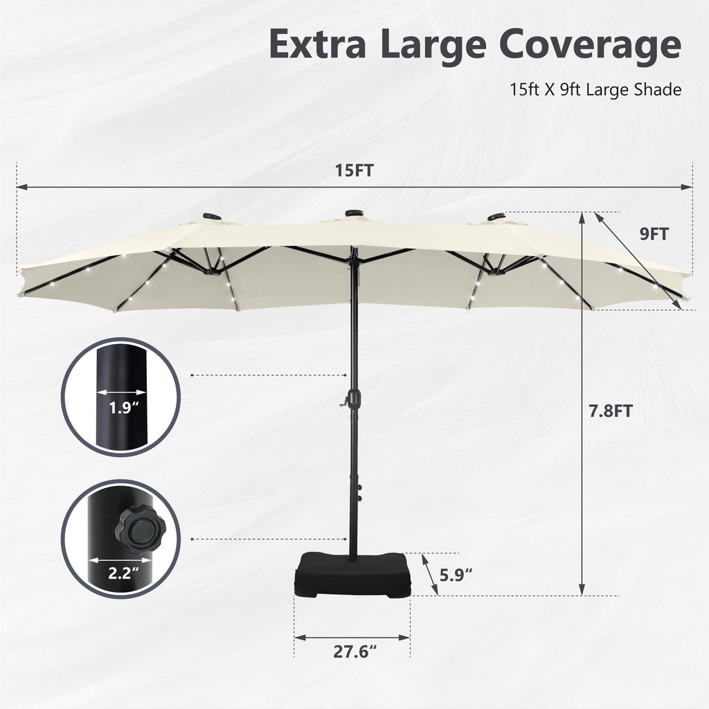 MAISON ARTS 15-foot Rectangular Crank Double-sided Outdoor Market Umbrella Solar LED Lighted Patio Umbrella with Base Included