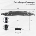 MAISON ARTS 15-foot Rectangular Crank Double-sided Outdoor Market Umbrella Solar LED Lighted Patio Umbrella with Base Included