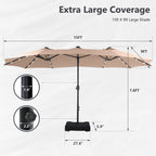 MAISON ARTS 15-foot Rectangular Crank Double-sided Outdoor Market Umbrella Solar LED Lighted Patio Umbrella with Base Included