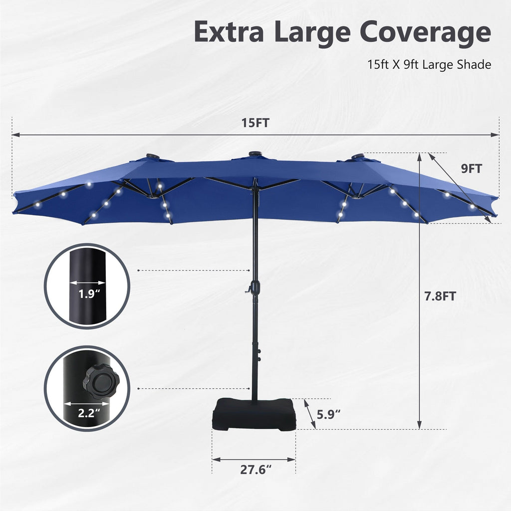 MAISON ARTS 15-foot Rectangular Crank Double-sided Outdoor Market Umbrella Solar LED Lighted Patio Umbrella with Base Included