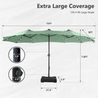MAISON ARTS 15-foot Rectangular Crank Double-sided Outdoor Market Umbrella Solar LED Lighted Patio Umbrella with Base Included