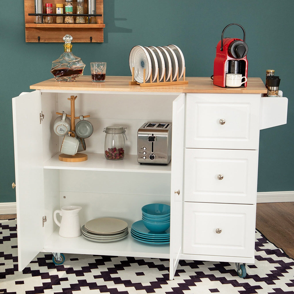 Sophia & William Kitchen Island Cart with Drop-Leaf and Rubber Wood Top, Rolling Kitchen Trolley Cart with Large Storage Cabinet