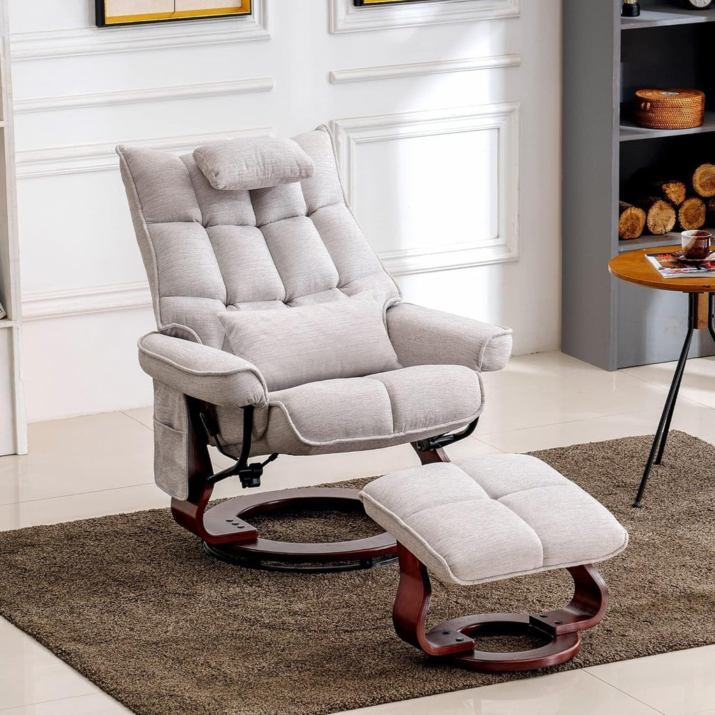 MCombo Set of 2 Swivel Recliner with Ottoman and Neck Pillow,Chenille Fabric