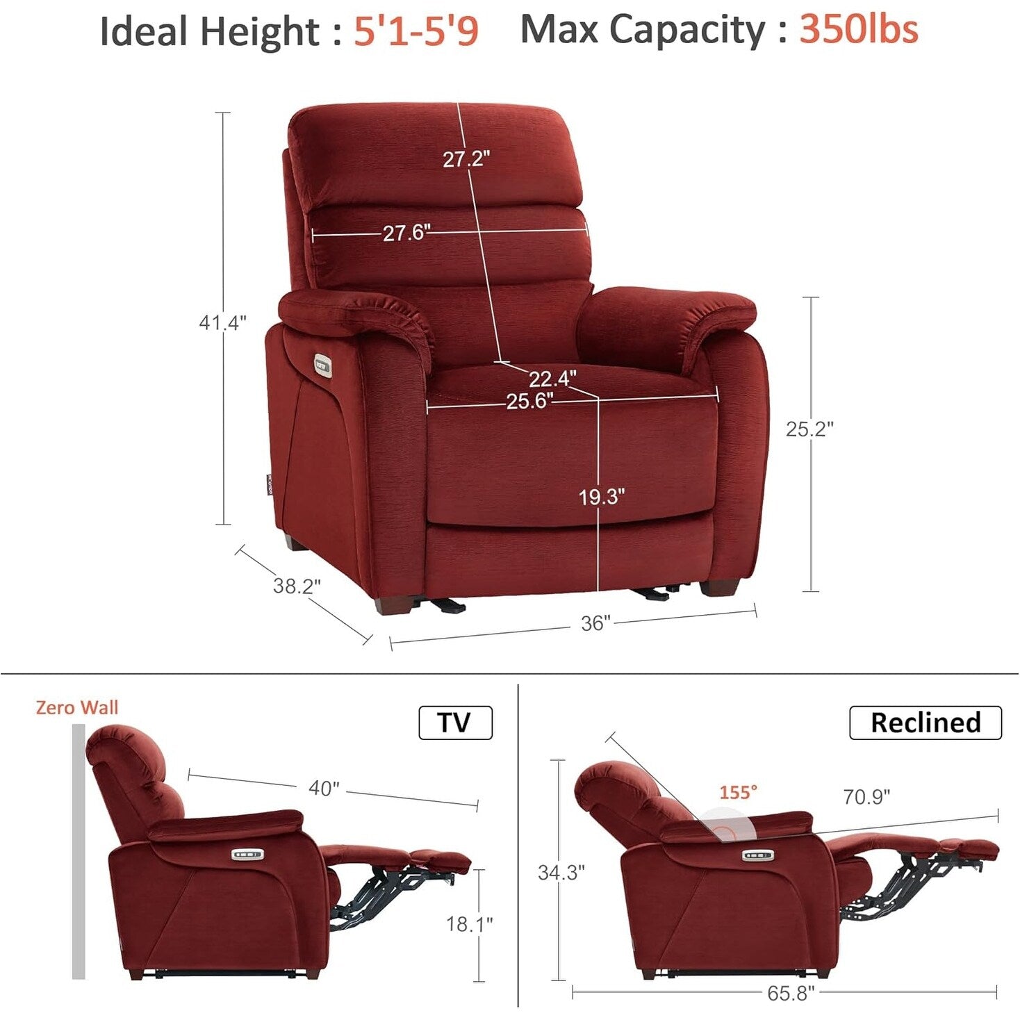 MCombo Zero Wall-Hugger Power Recliner Chair with Adjustable Headrest, Perfect for Small Spaces and RV, Fabric ST257