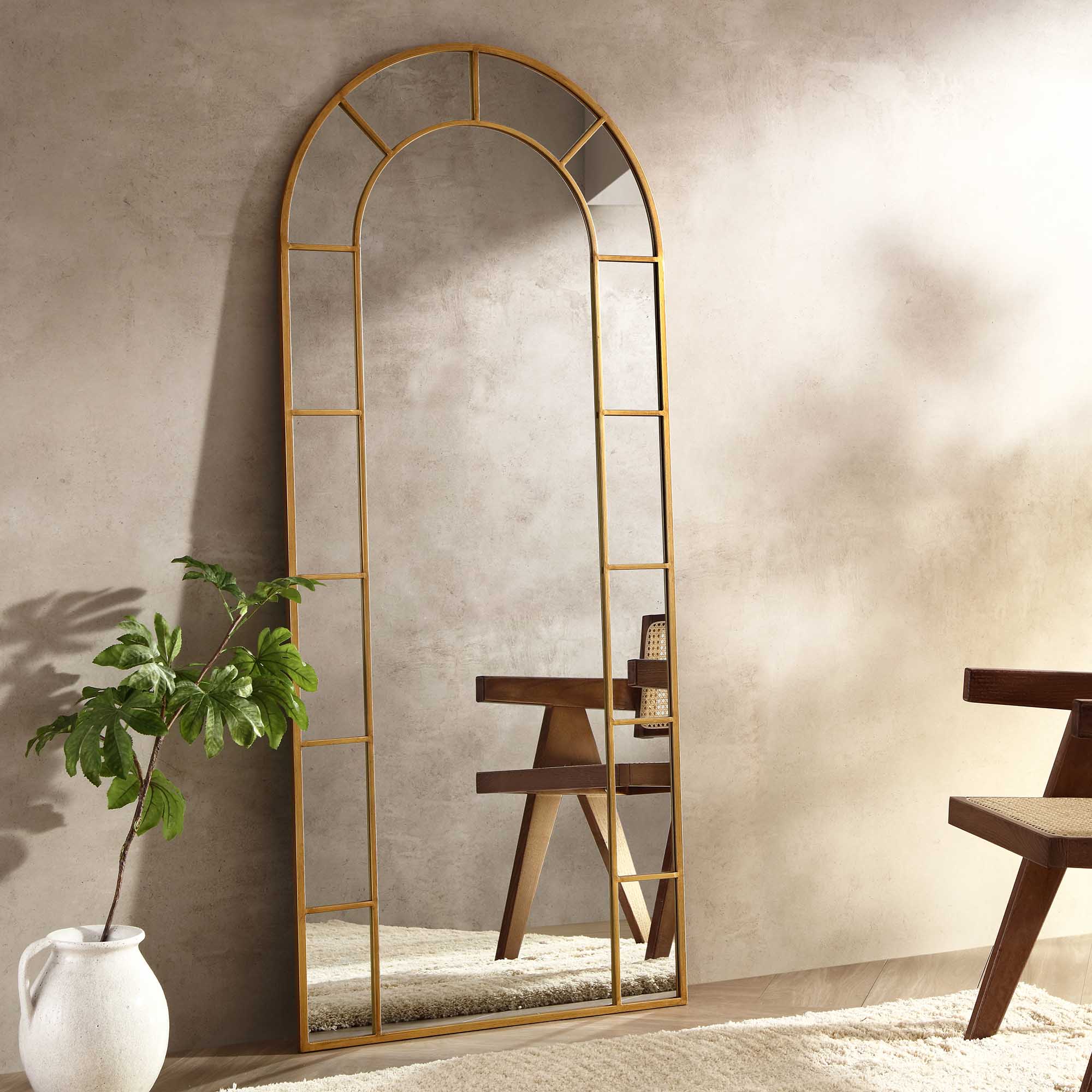 Beaumont Arched Full Length Metal Frame Mirror 178 x 76 cm, Antique Gold Effect