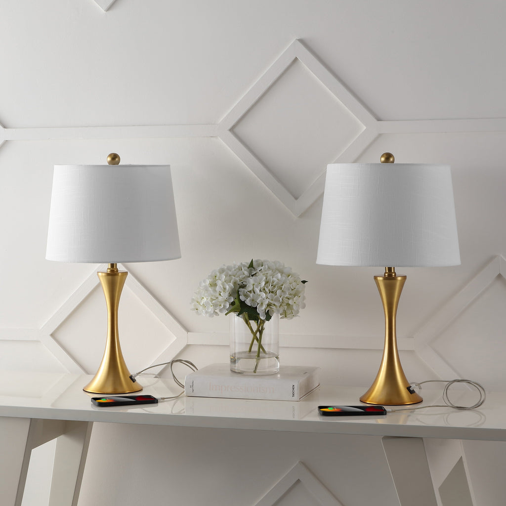 Makena 22.75 Modern Glam Iron Hourglass LED Table Lamp with USB Charging Port, (Set of 2) by JONATHAN Y