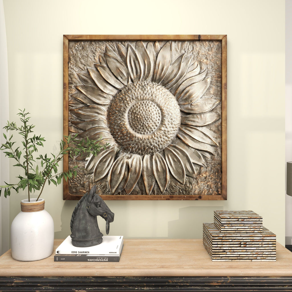 Metal Floral Sunflower Wall Decor with Embossed Details - Gray - Roche River Decor