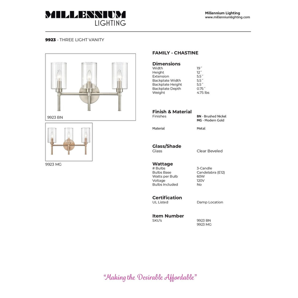 Millennium Lighting Chastine Bathroom Vanity Light Fixture with Clear Beveled Glass Shades