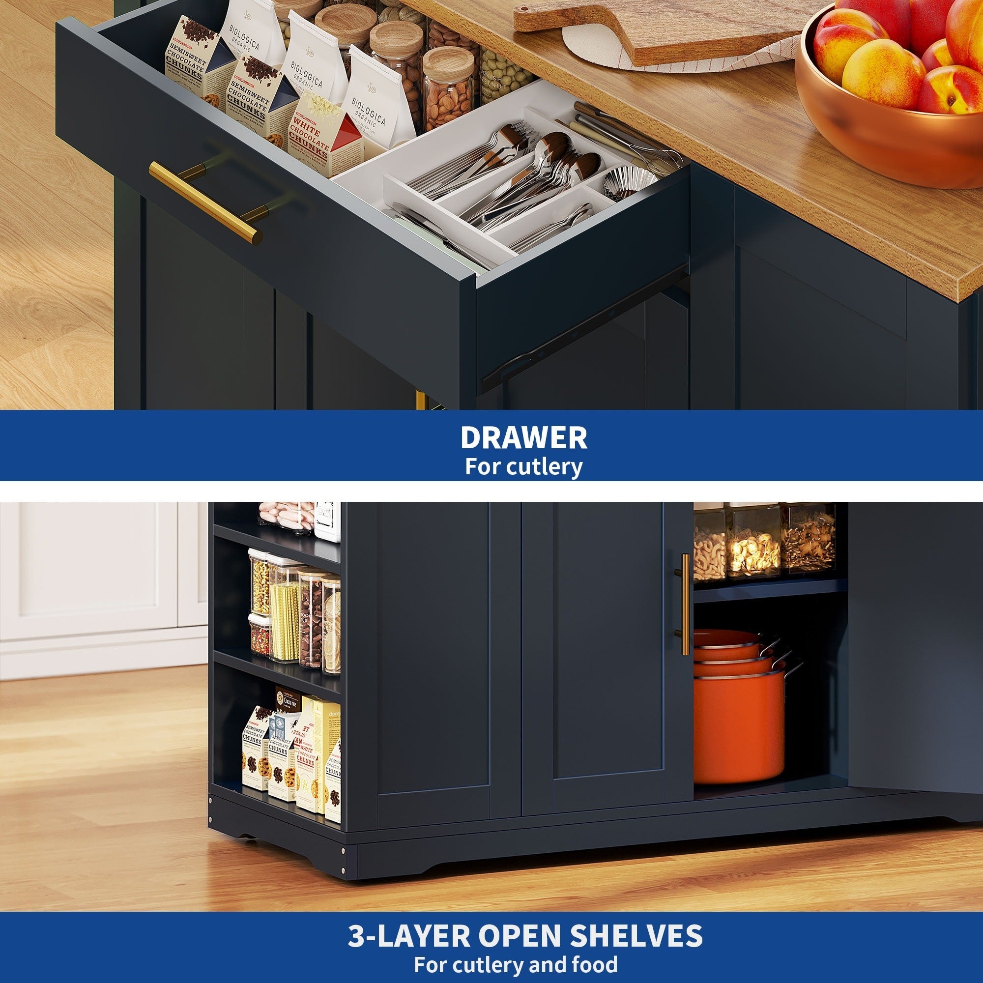 Moasis 53-inch Rolling Kitchen Island Storage Cabinet Portable Mobile Kitchen Cart