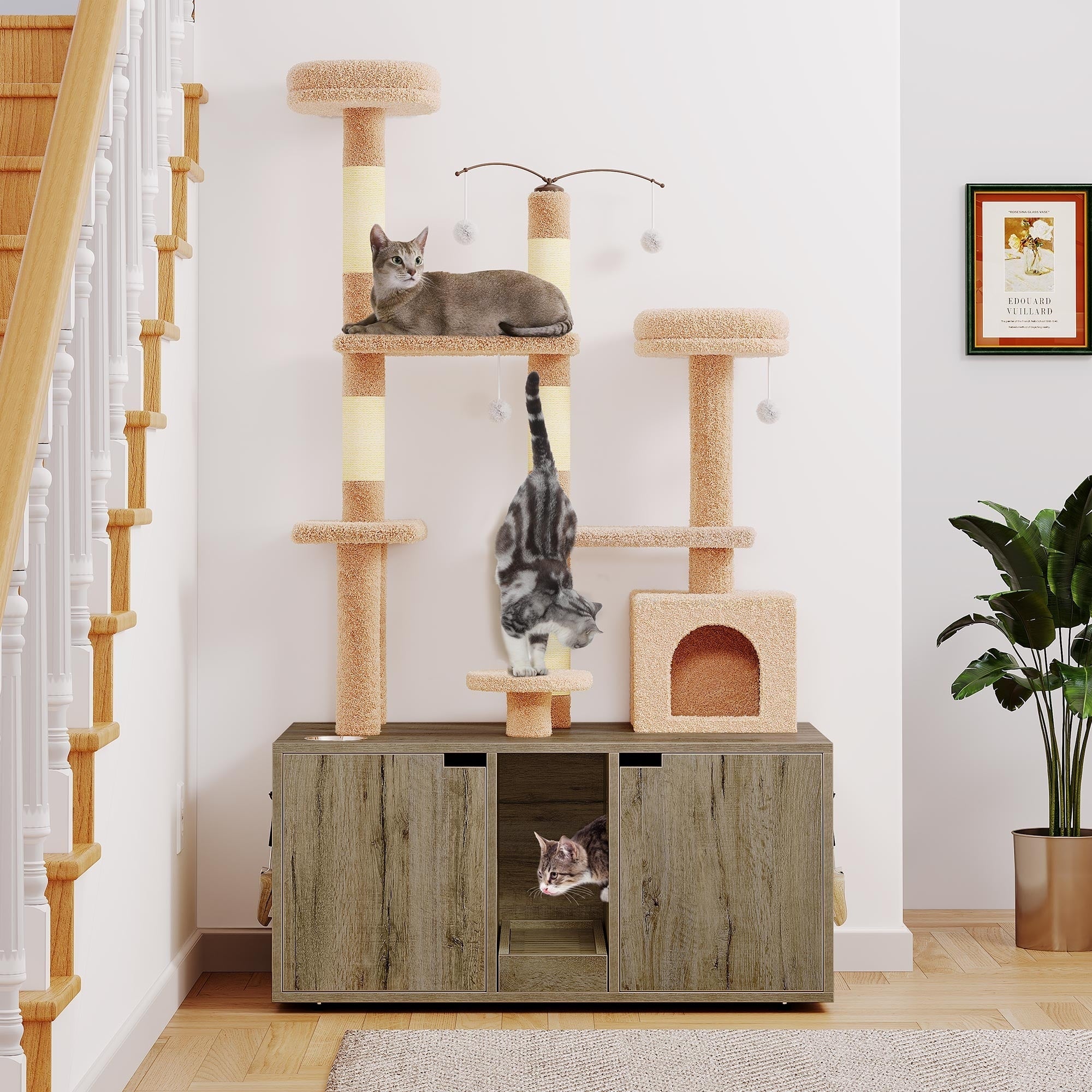 Moasis Double Cat Litter Box Enclosure with Scratching Post Cat Tree