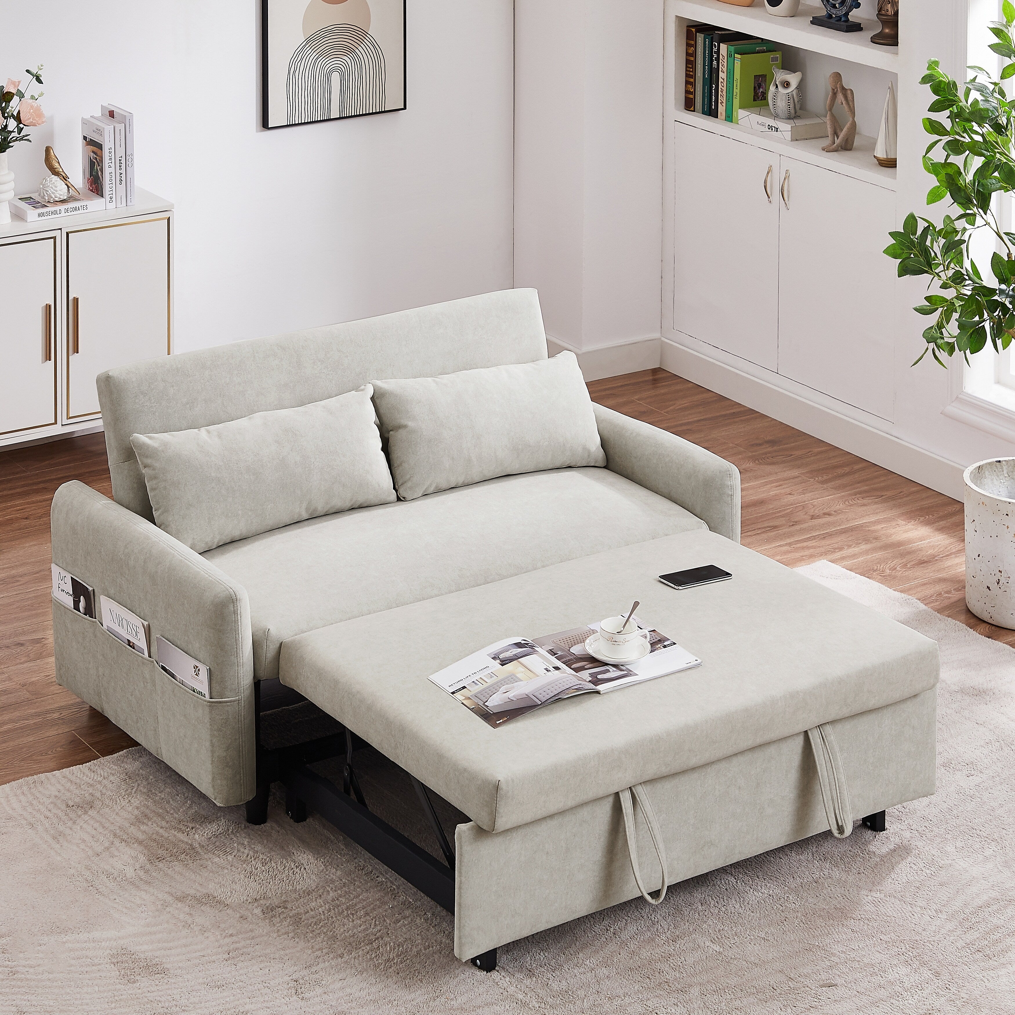 Modern 2 Seat Couch, Microfiber Pull Out Sleep Sofa Bed wih Adjsutable Backrest, Storage Pockets, 2 Soft Pillows, USB Ports
