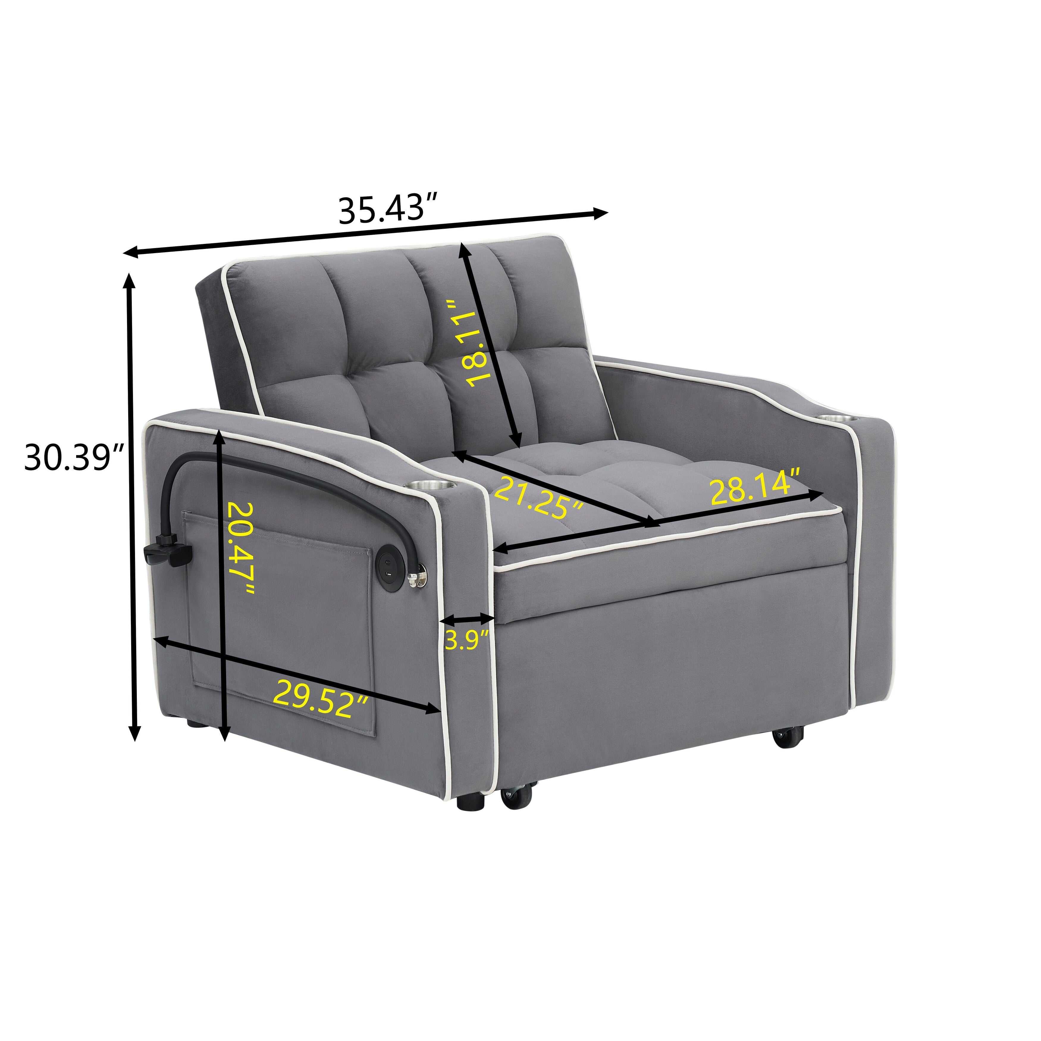 Modern 70.86 3 in 1 Single Convertible Sofa Bed with Adjustable Back and USB Charging Port for Living Room