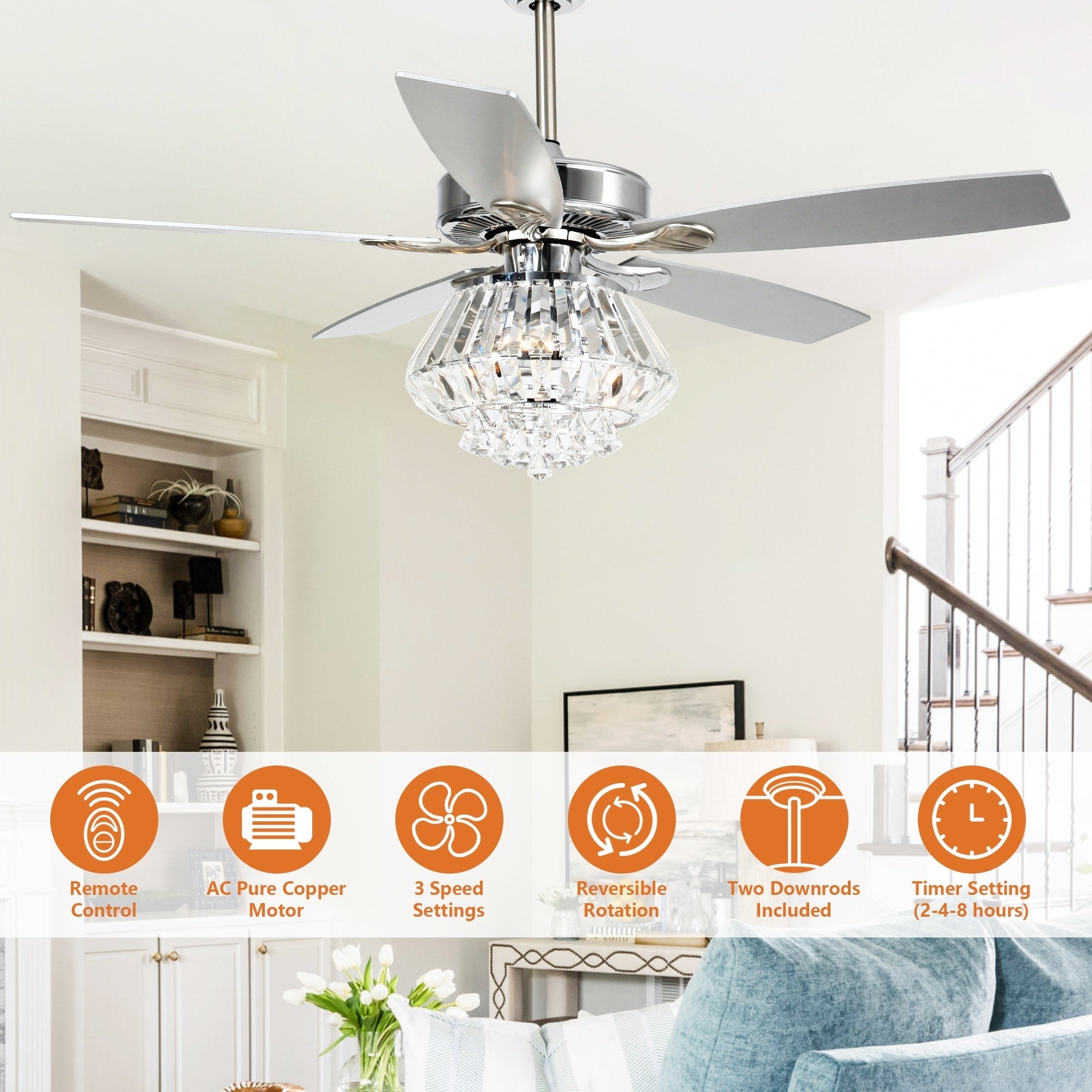 Modern Chrome 52-inch Crystal Chandelier Ceiling Fan with Remote