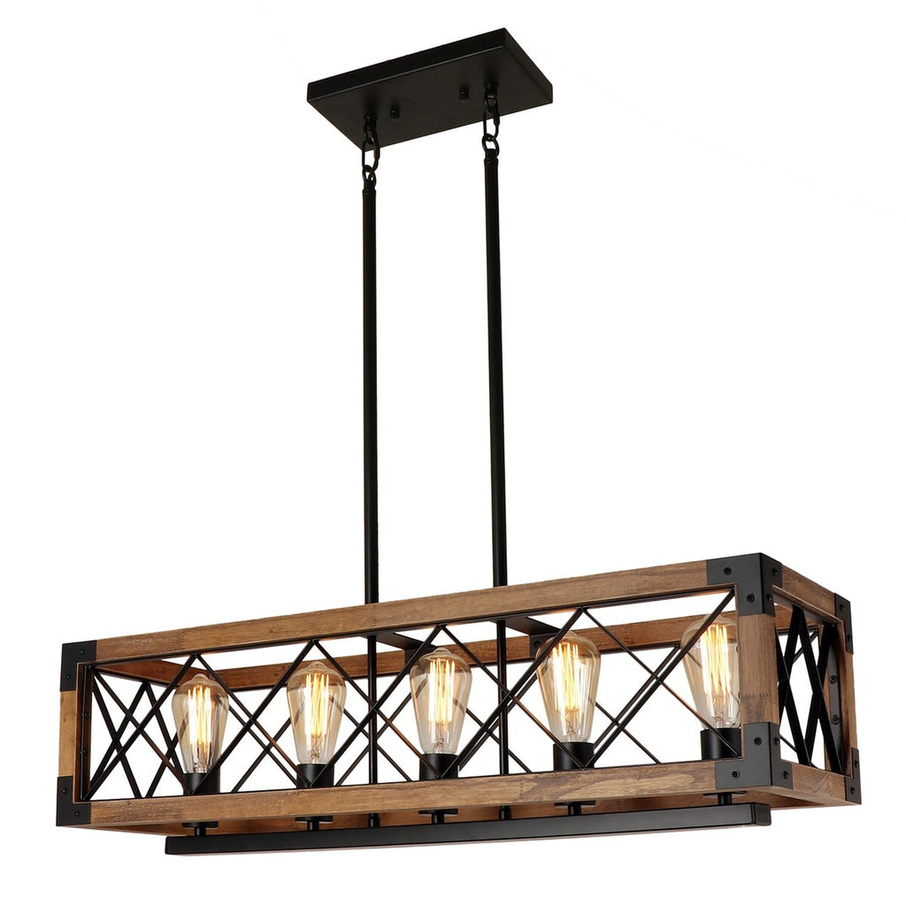 Modern Farmhouse 5-Light Wood Rectangle Chandelier Cage Island Lights for Dining Room - 31.6L x 10 W x 7.8 H