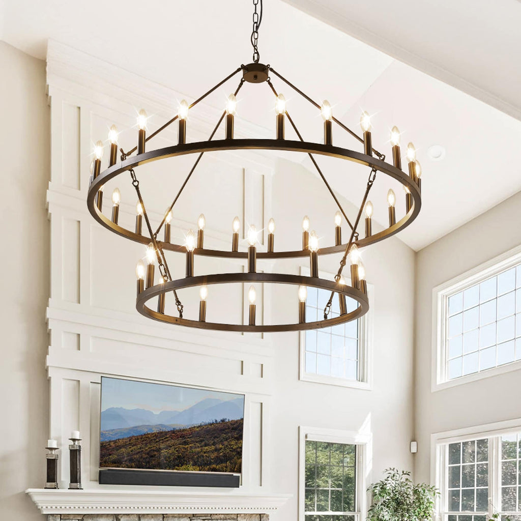 Modern Farmhouse Chandelier 2 Tier Round Wagon Wheel Chandelier Large High Ceiling Light.