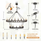 Modern Farmhouse Chandelier 2 Tier Round Wagon Wheel Chandelier Large High Ceiling Light.