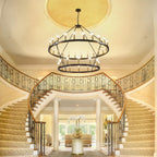 Modern Farmhouse Chandelier 2 Tier Round Wagon Wheel Chandelier Large High Ceiling Light.