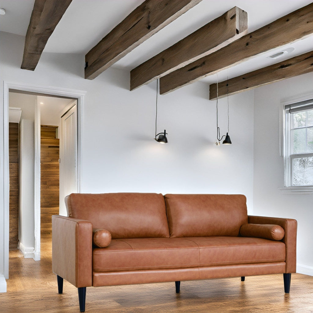 Modern Genuine Leather Sofa with Wooden Legs & Additional Bolster Pillow