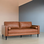 Modern Genuine Leather Sofa with Wooden Legs & Additional Bolster Pillow