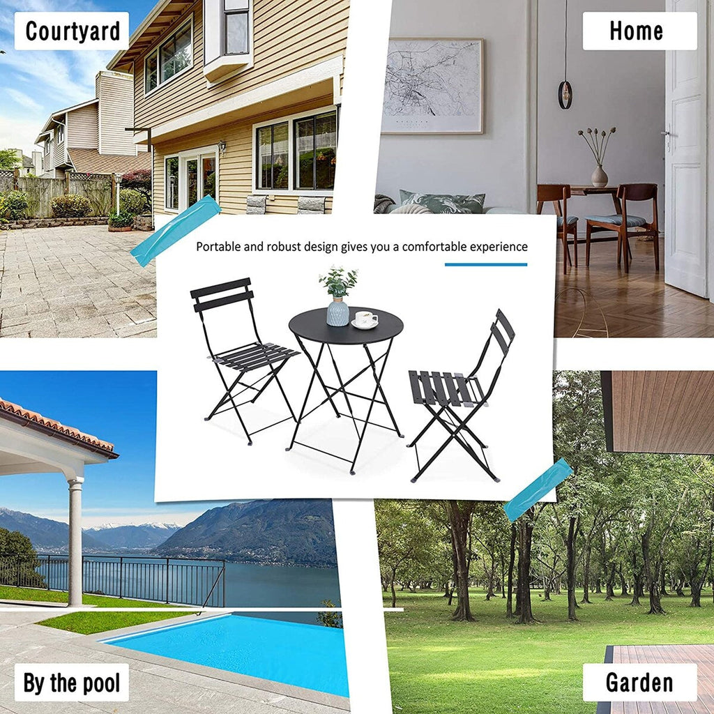 3pc Metal Folding Bistro Set, Weather-Resistant Outdoor/Indoor Conversation Set for Patio, Yard, Garden