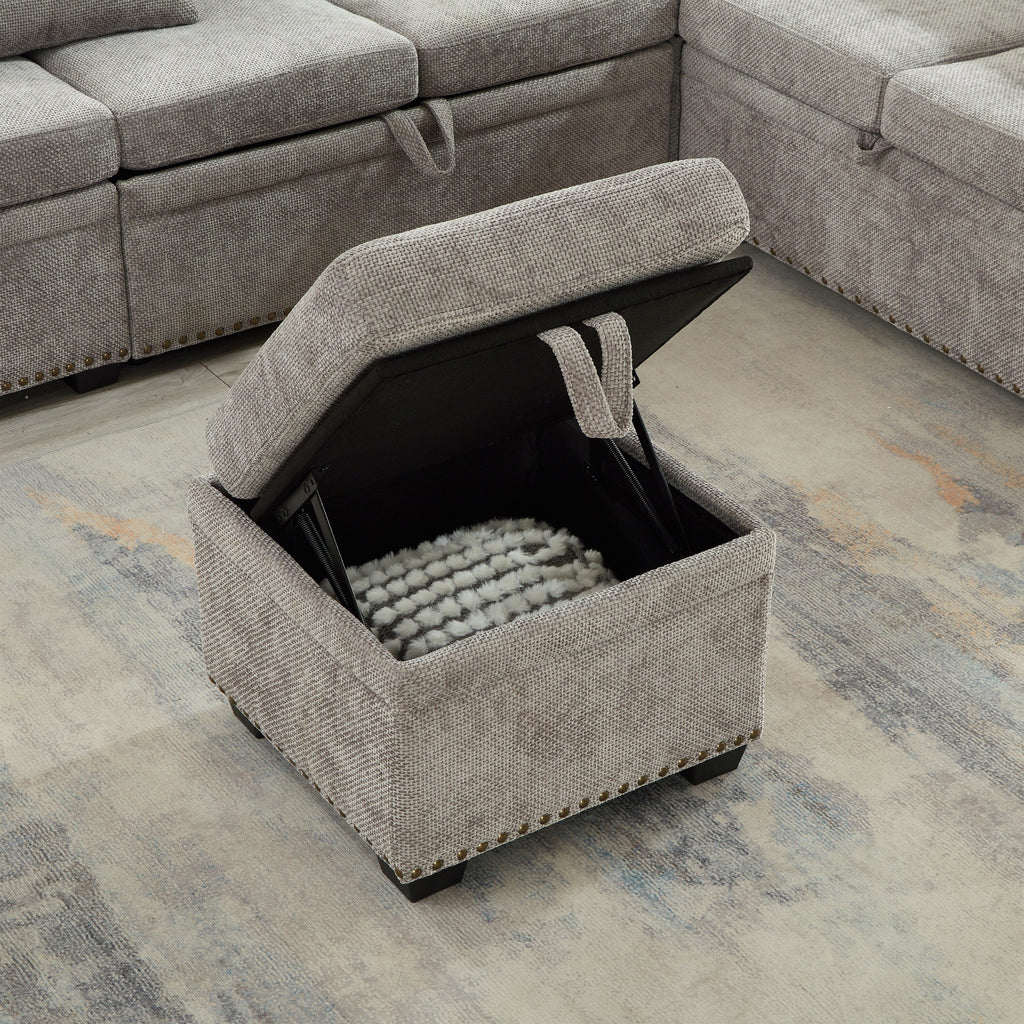 Modern L-Shaped Chenille Sectional Sofa with Pull-Out Sleeper, Storage Seats, Ottoman and 2 Pillows for Living Room